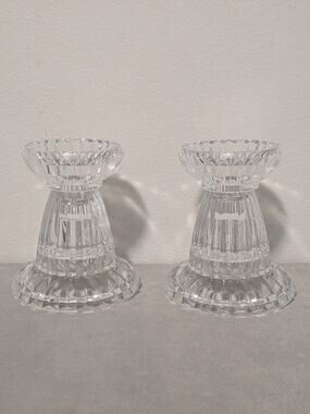 Vtg Gorham Crystal Reversible Candle Holders 4" Ribbed Clear Glass Taper Votive